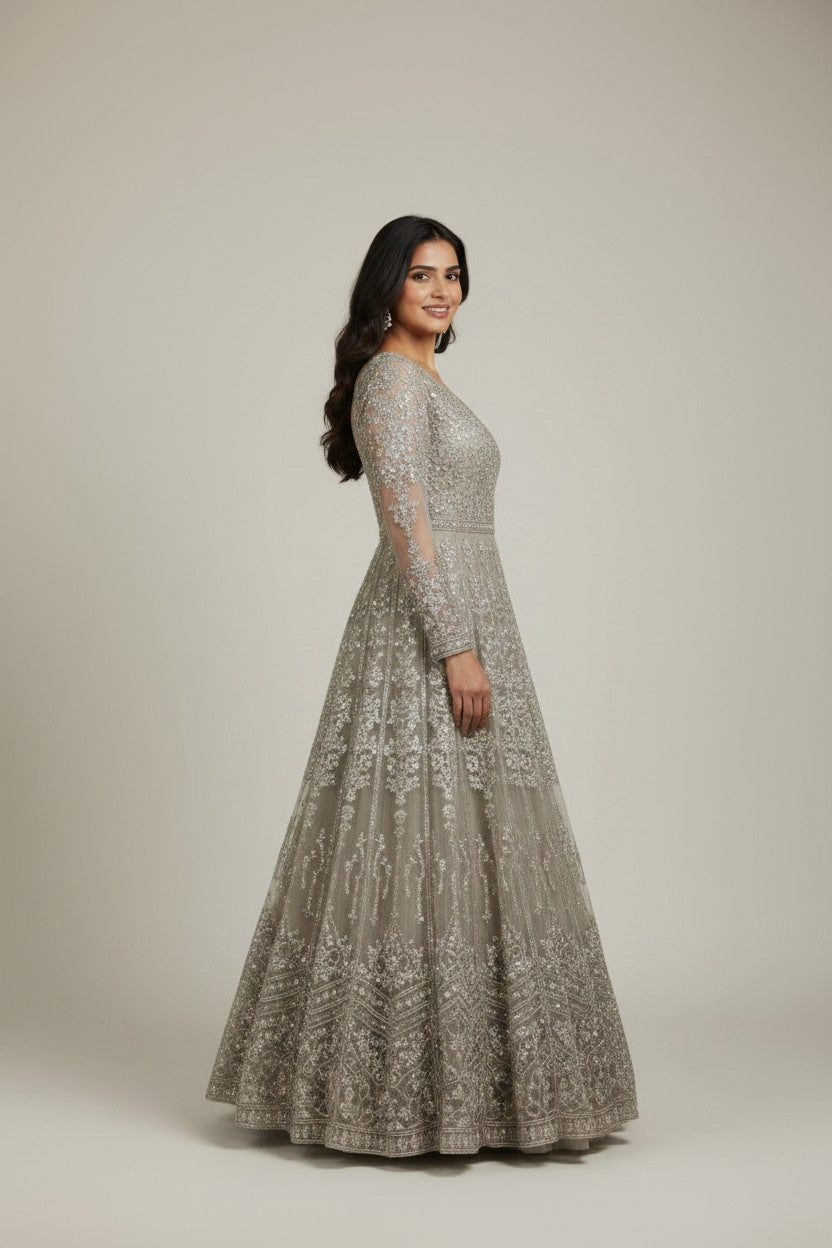Designer Embroidered Net Suit Gown - View 2 | Rangoli