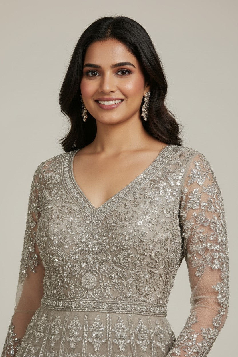 Designer Embroidered Net Suit Gown - View 3 | Rangoli