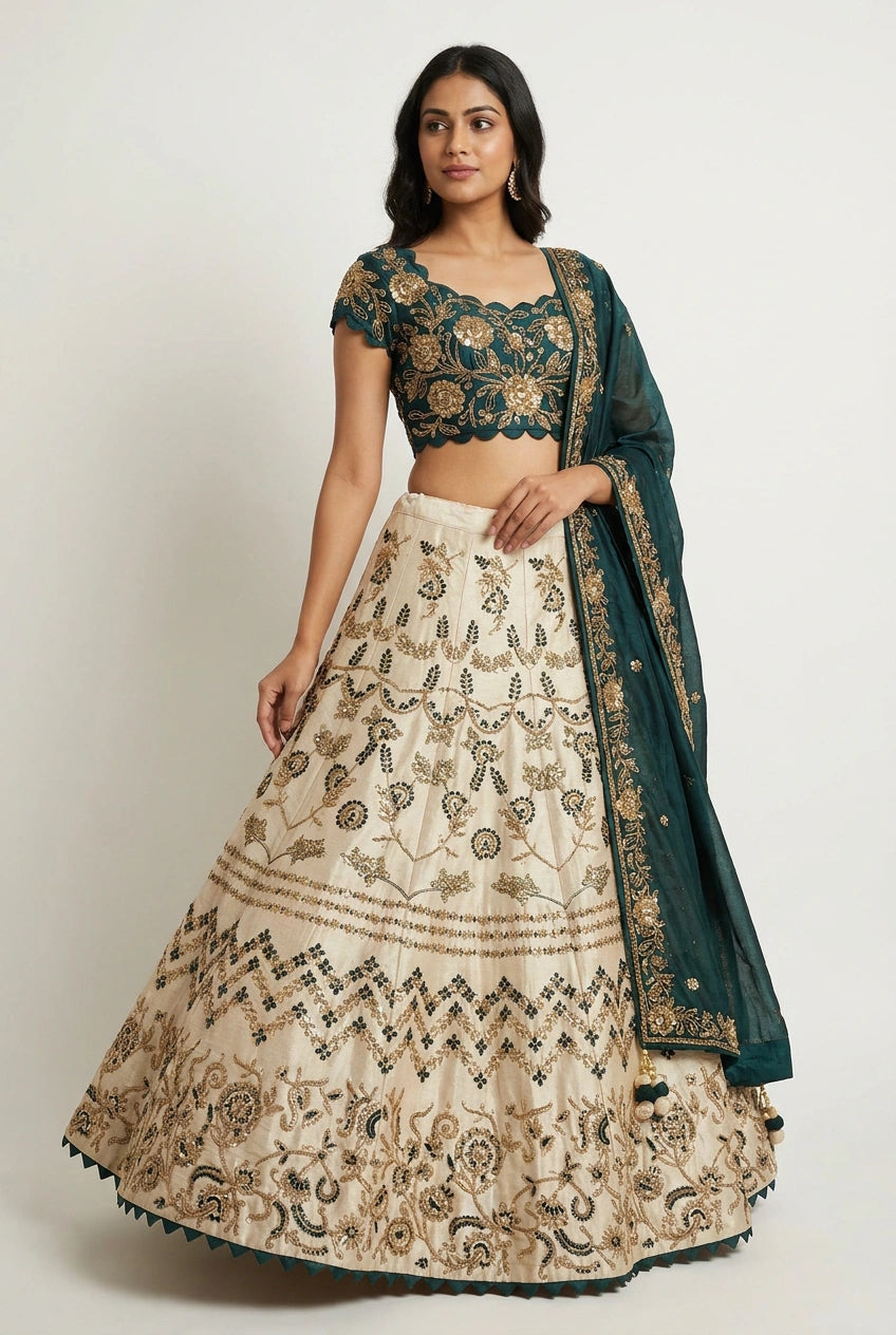 Beige/Green Raw Silk Crop Top Lehenga for Sangeet Night