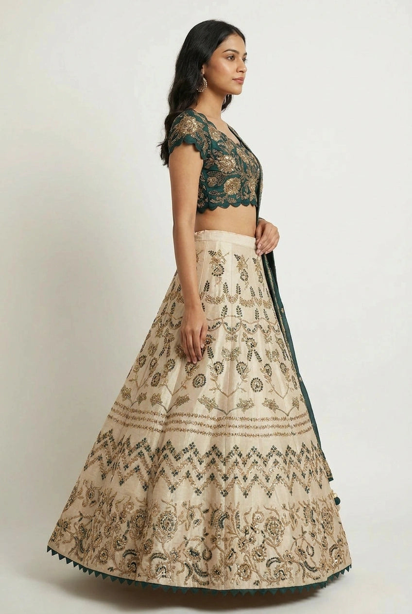 Beige/Green Raw Silk Crop Top Lehenga for Sangeet Night