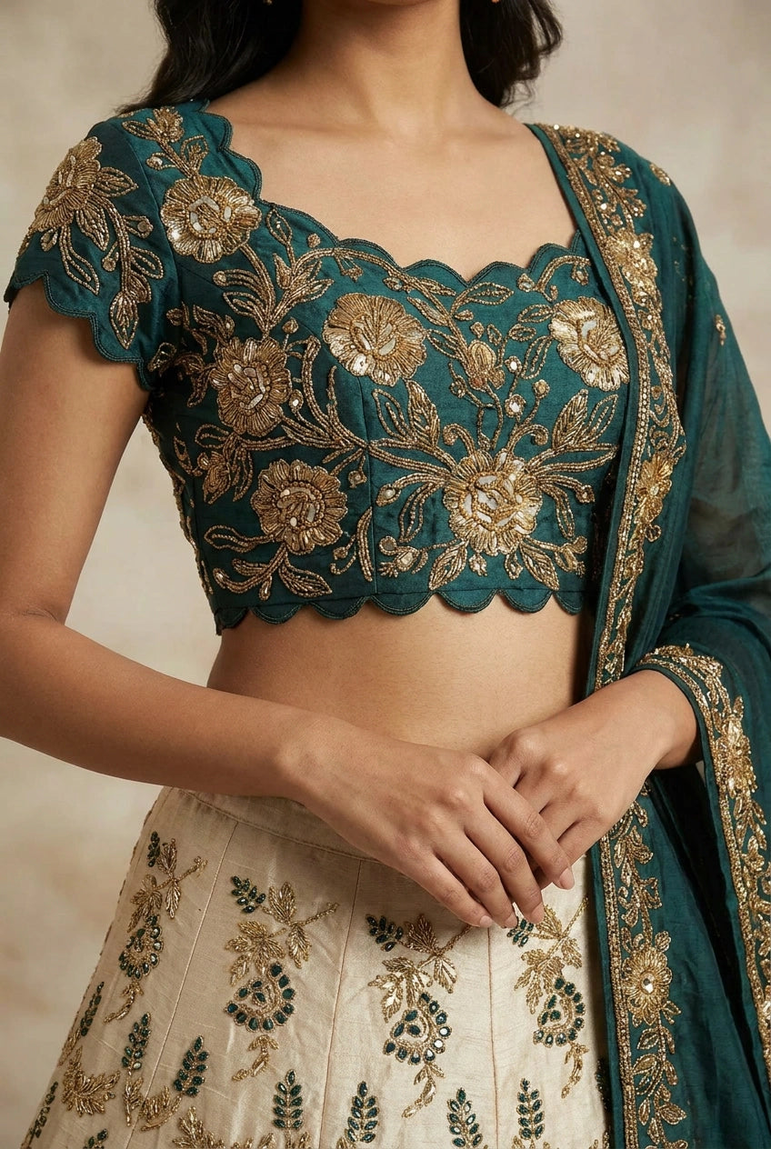 Beige/Green Raw Silk Crop Top Lehenga for Sangeet Night