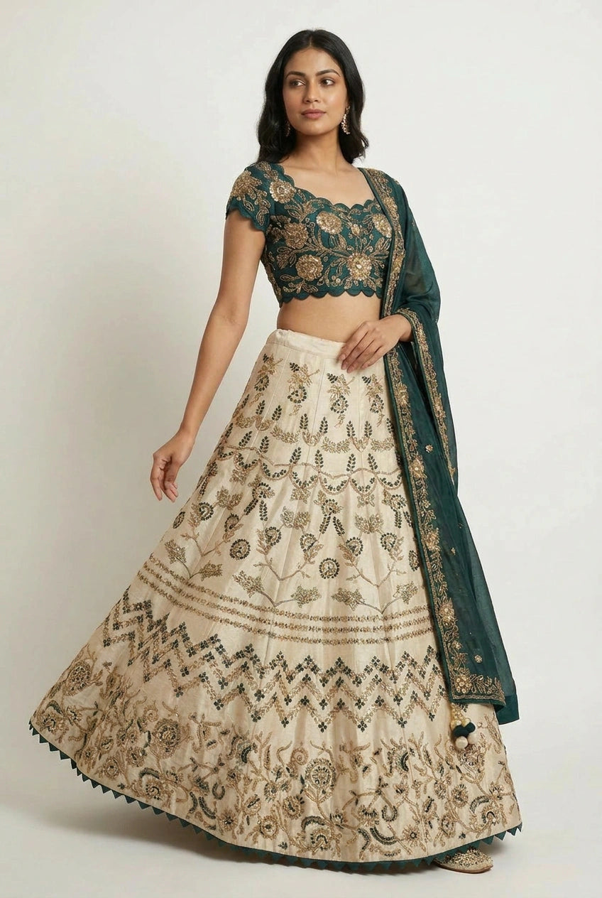 Beige/Green Raw Silk Crop Top Lehenga for Sangeet Night
