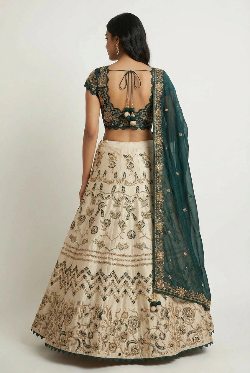 Beige/Green Raw Silk Crop Top Lehenga for Sangeet Night