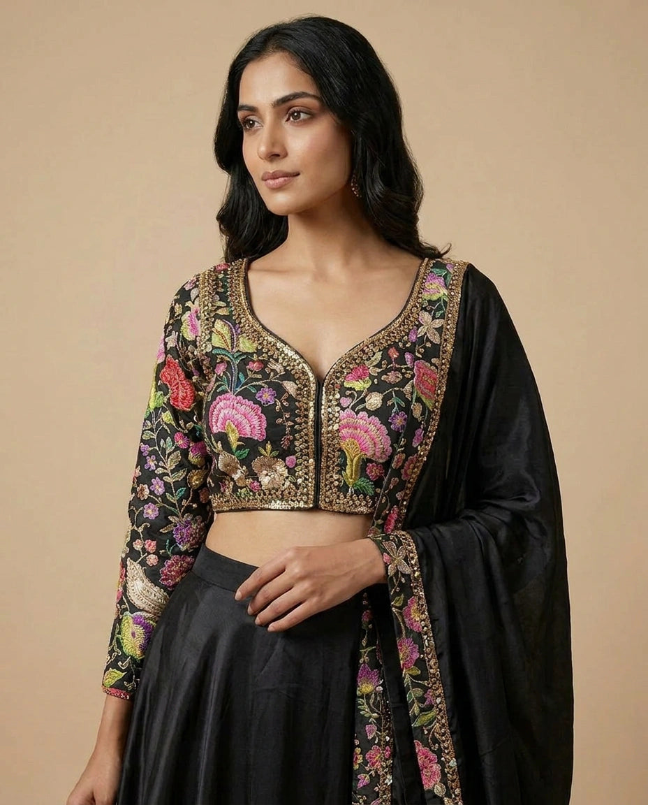 White Black Chinon Choli Palazzo Set for Festive Wear