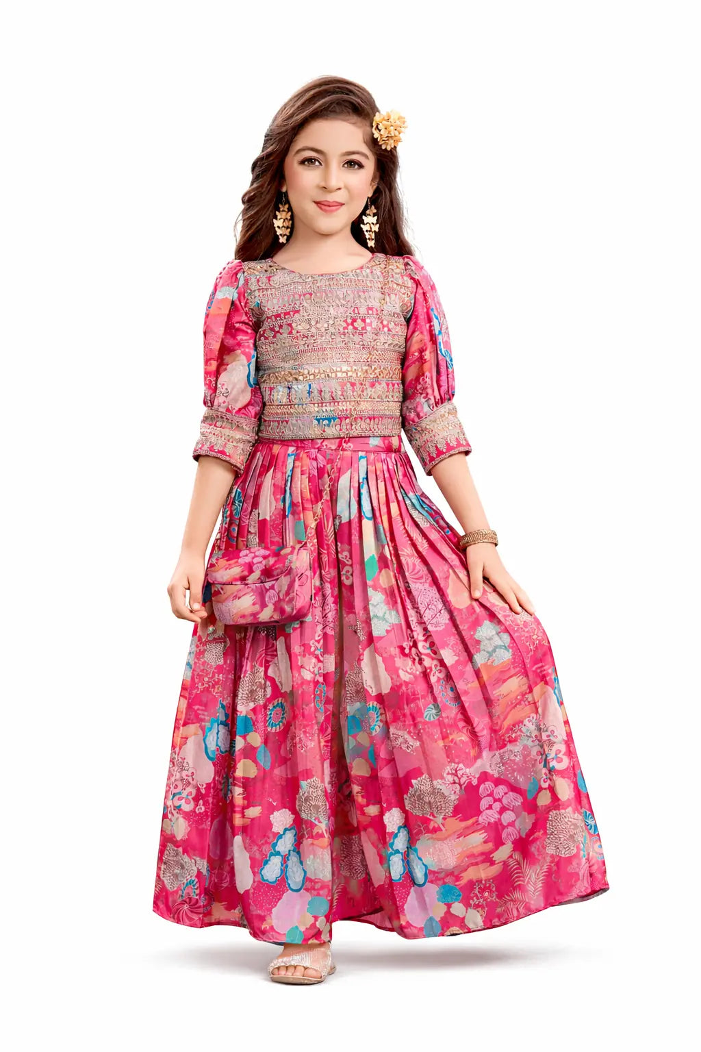 Woman wearing a pink floral dress on a white background