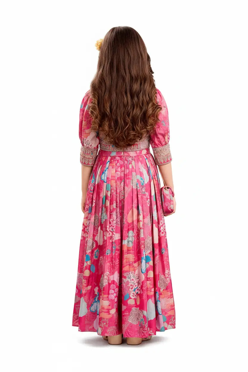 Woman wearing a pink floral dress on a white background