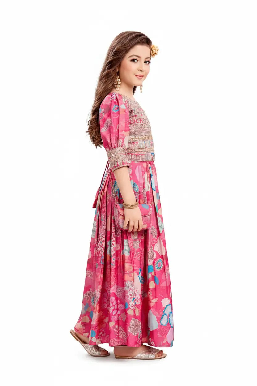 Woman wearing a pink floral dress on a white background
