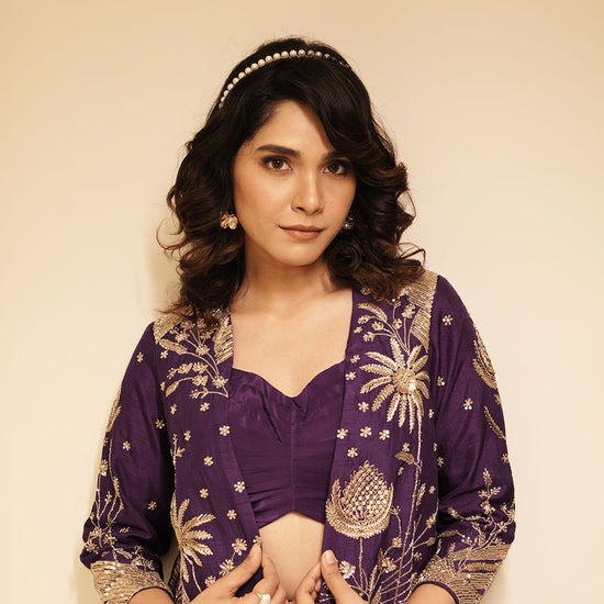 Purple Crepe Silk Embroidered Co-Ord Set with Jacket