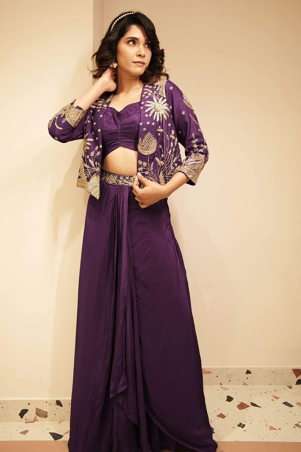 Purple Crepe Silk Embroidered Co-Ord Set with Jacket
