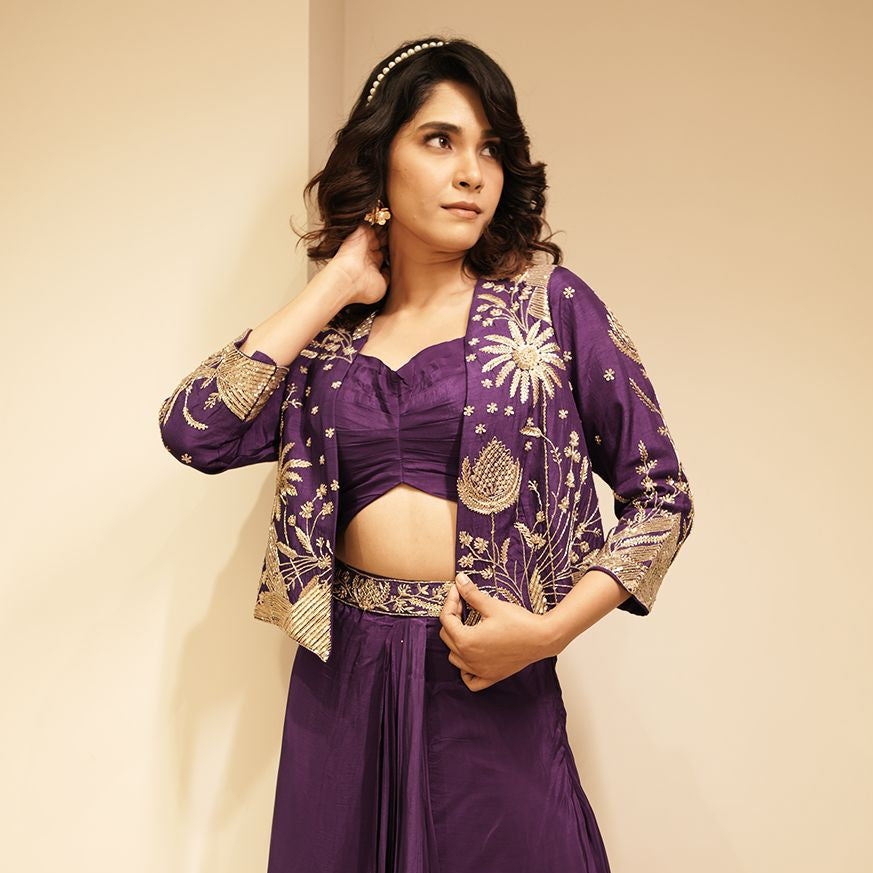 Purple Crepe Silk Embroidered Co-Ord Set with Jacket