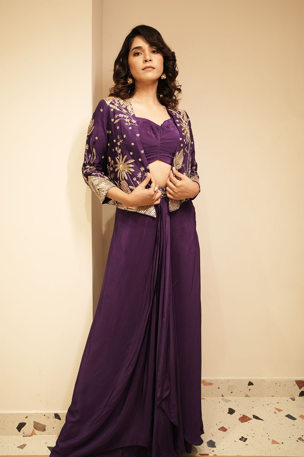 Purple Crepe Silk Embroidered Co-Ord Set with Jacket