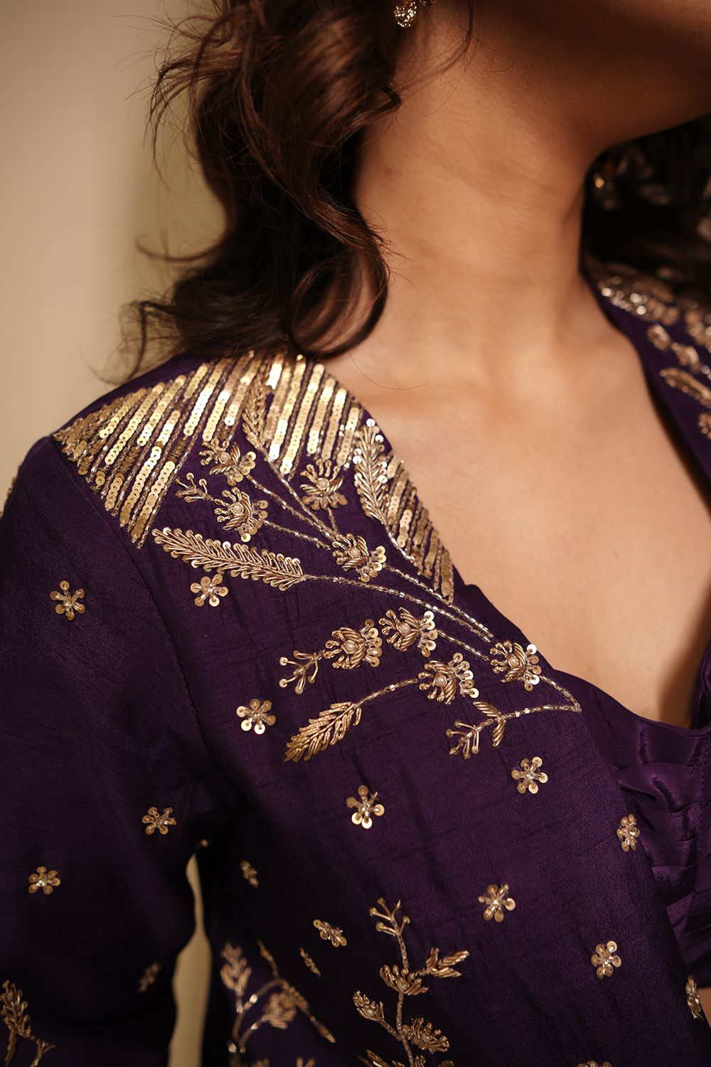 Purple Crepe Silk Embroidered Co-Ord Set with Jacket