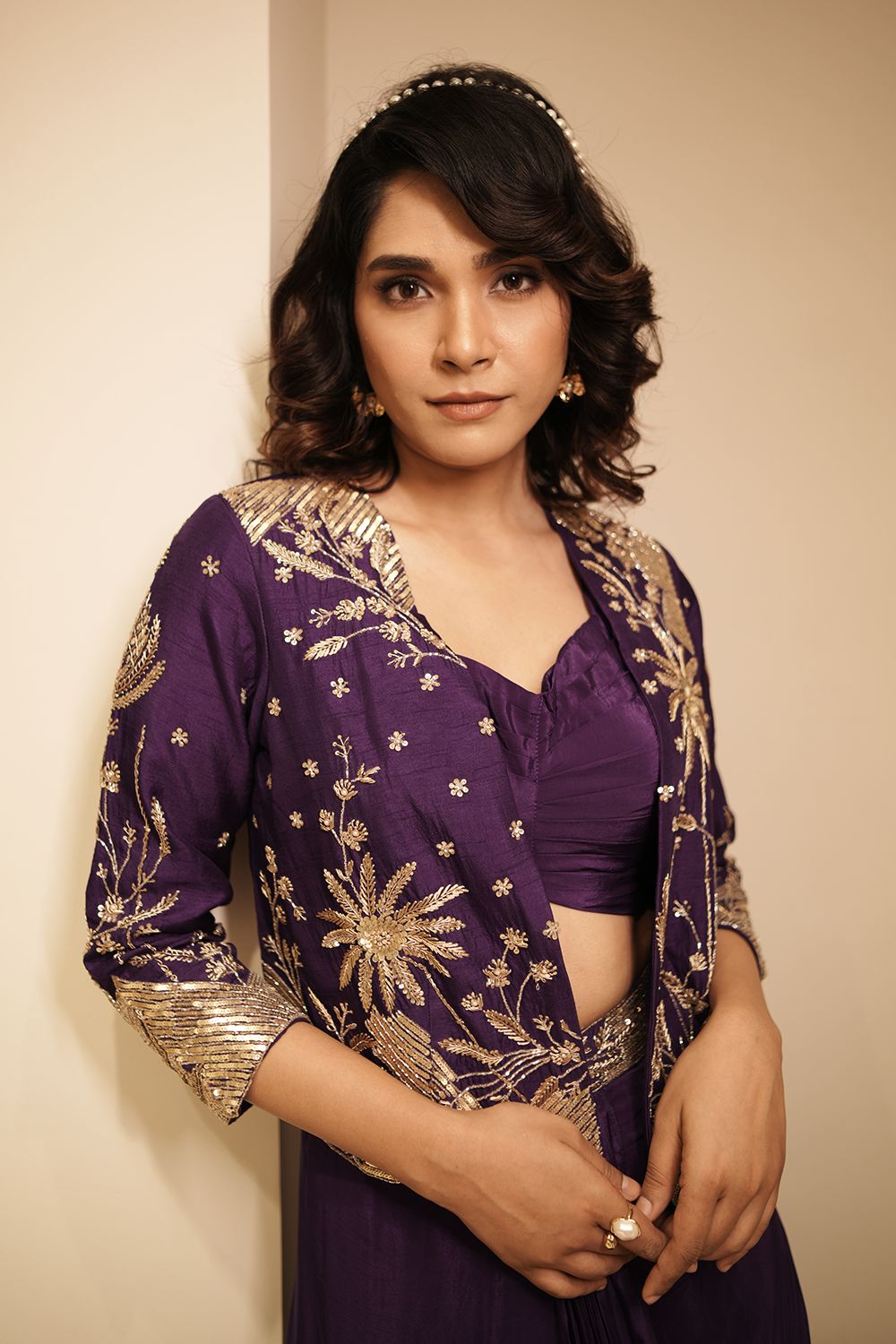 Purple Crepe Silk Embroidered Co-Ord Set with Jacket