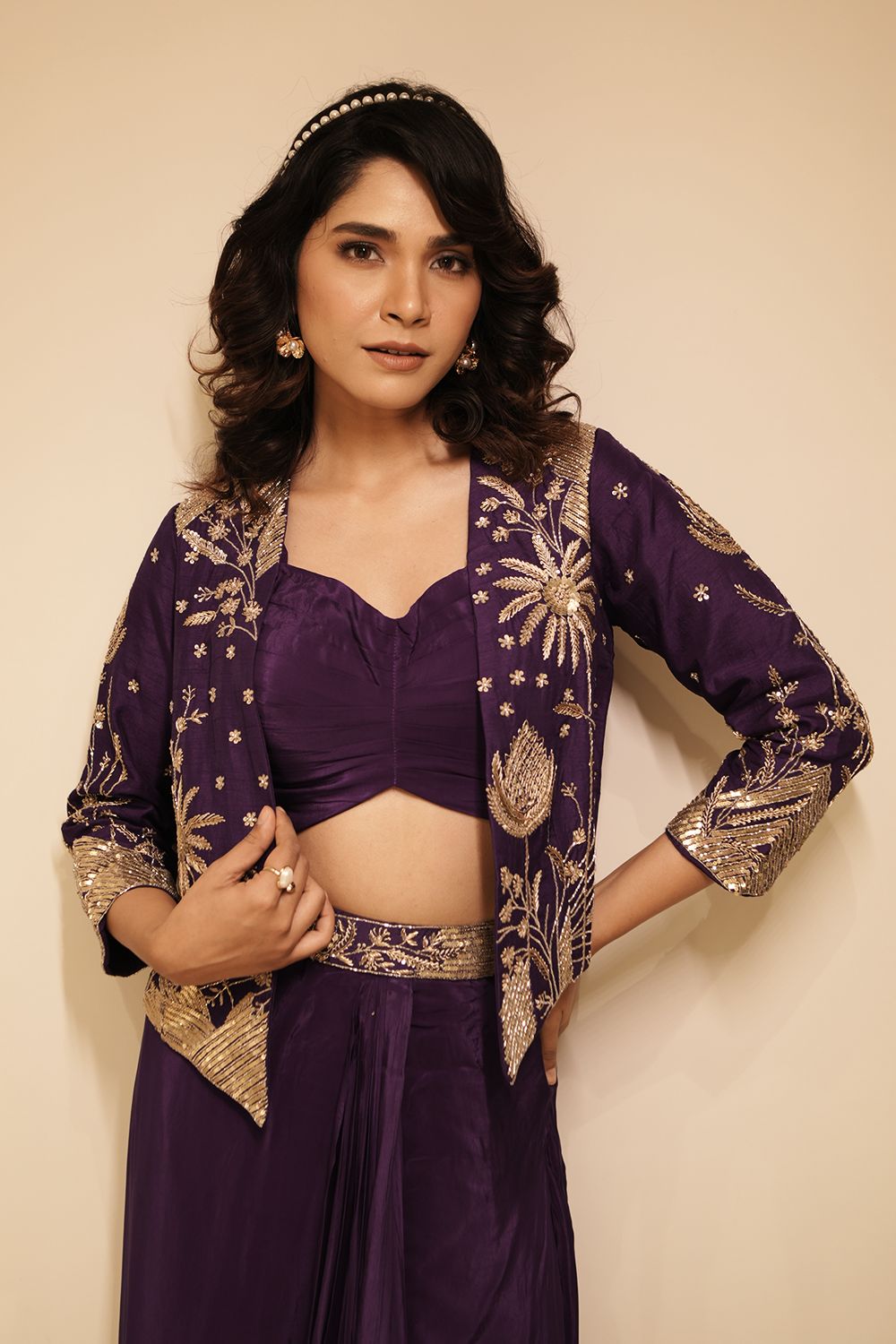 Purple Crepe Silk Embroidered Co-Ord Set with Jacket
