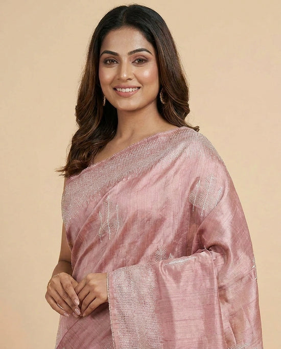 Turquoise Tussar Silk Embroidered Saree with Sequin Work - Rangoli India