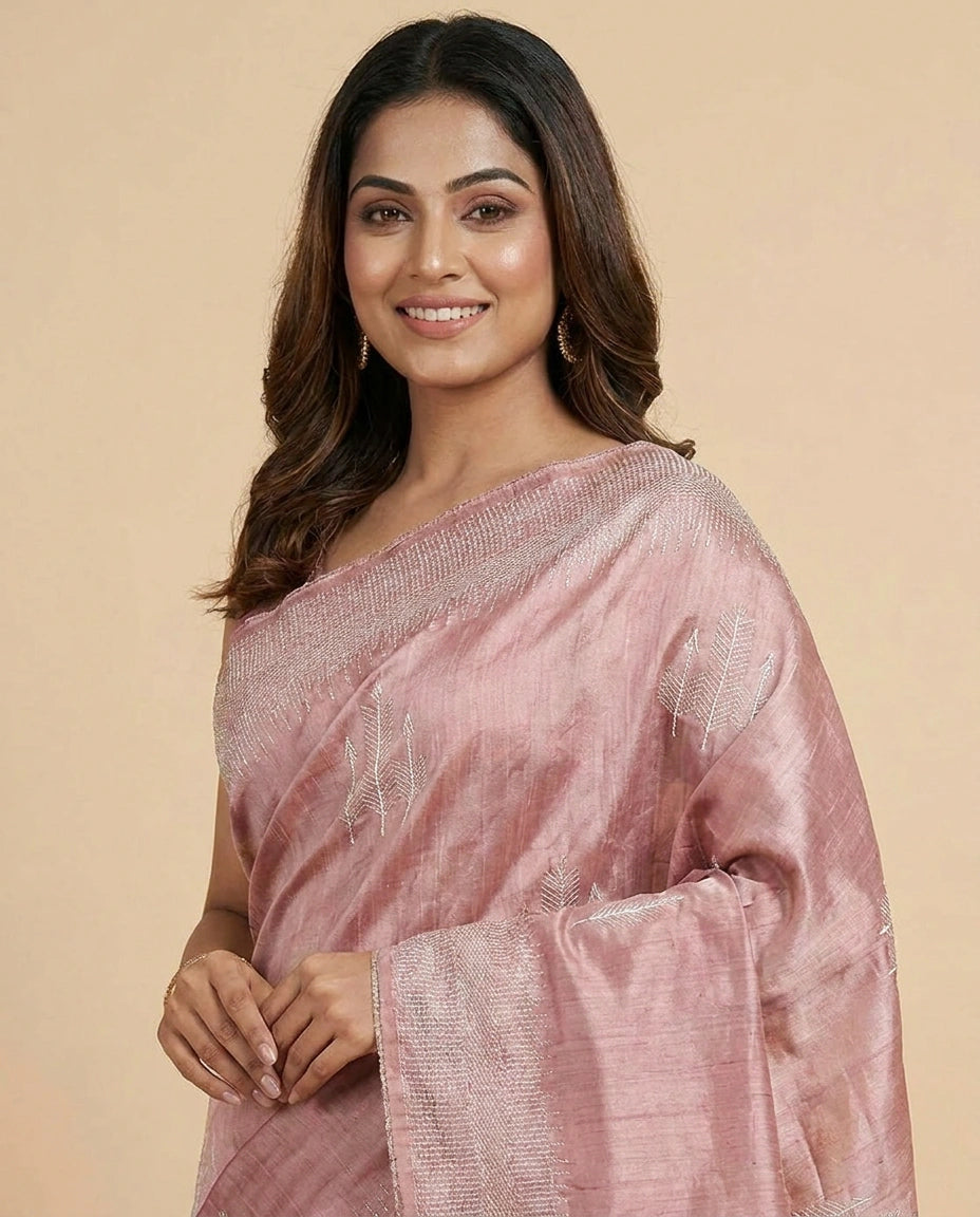 Turquoise Tussar Silk Embroidered Saree with Sequin Work - Rangoli India