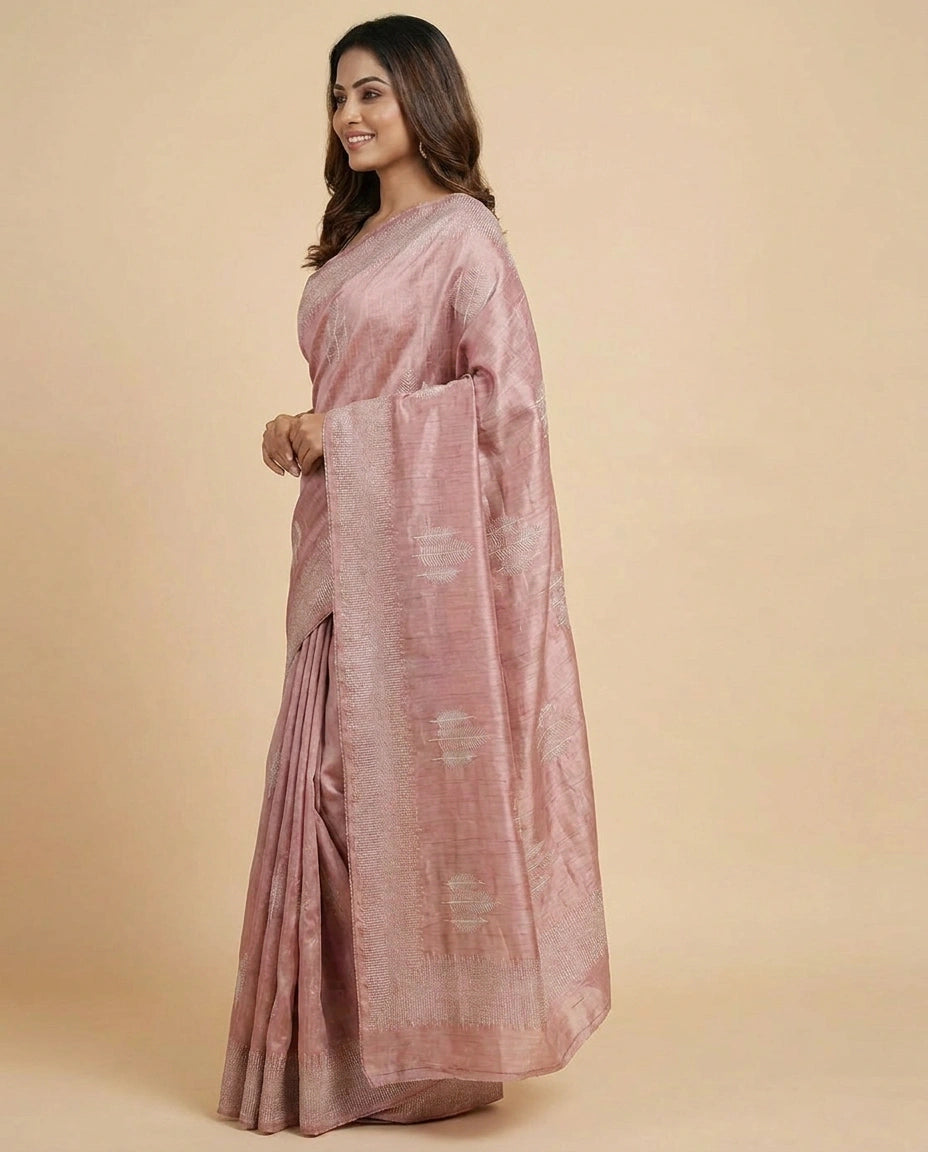 Turquoise Tussar Silk Embroidered Saree with Sequin Work - Rangoli India
