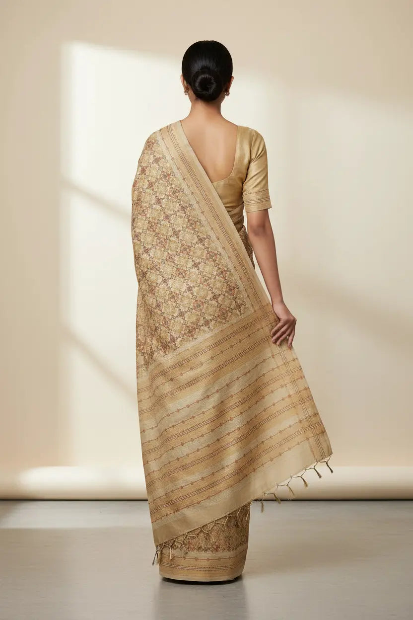 Woman wearing a beige saree with a subtle pattern on a plain background