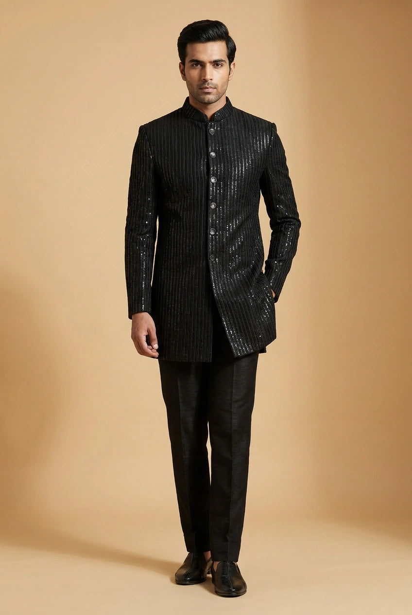 Black Sweat Indo-Western Set with Modern Cut for Bridal Reception
