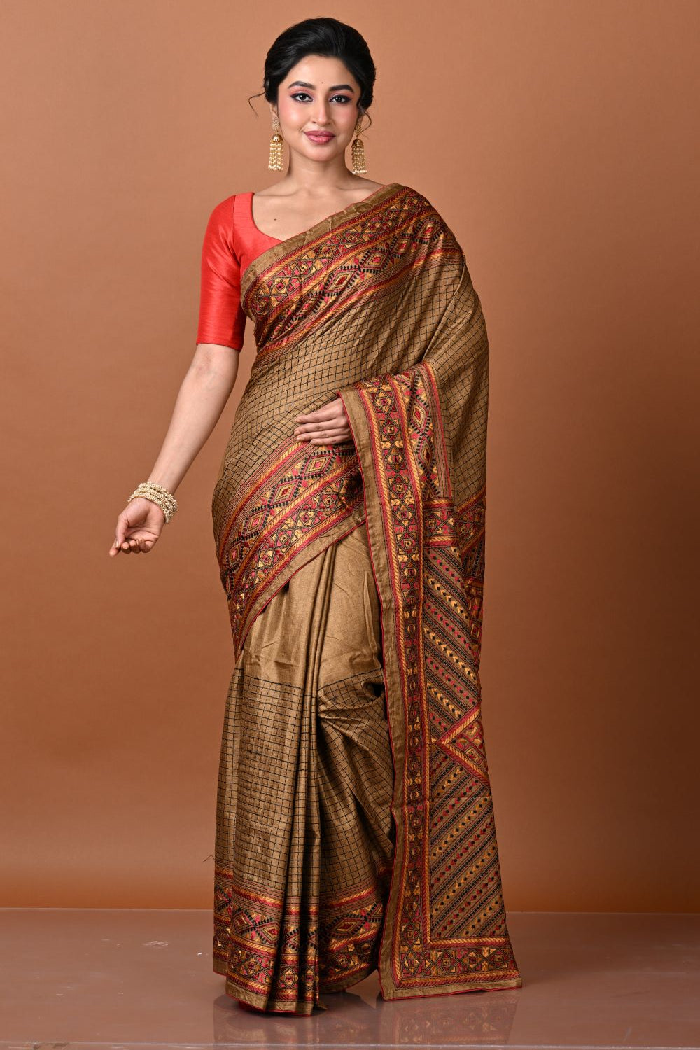 Rustish Yellow Tussar Silk Embroidery Saree