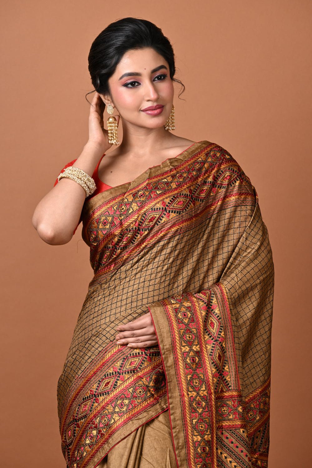 Rustish Yellow Tussar Silk Embroidery Saree