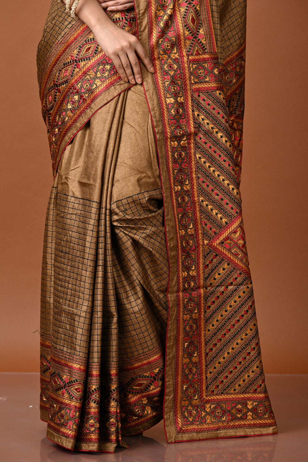 Rustish Yellow Tussar Silk Embroidery Saree