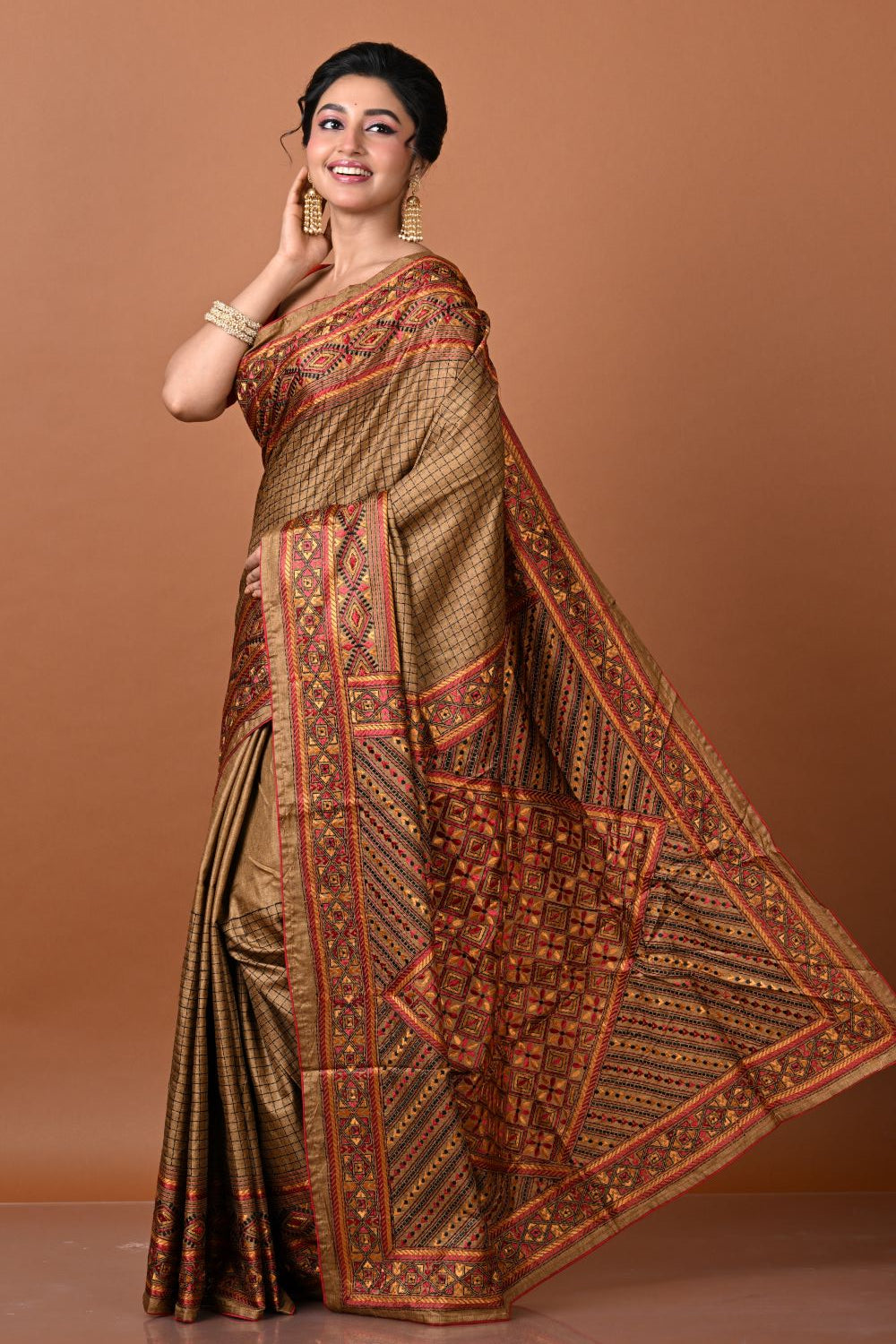 Rustish Yellow Tussar Silk Embroidery Saree