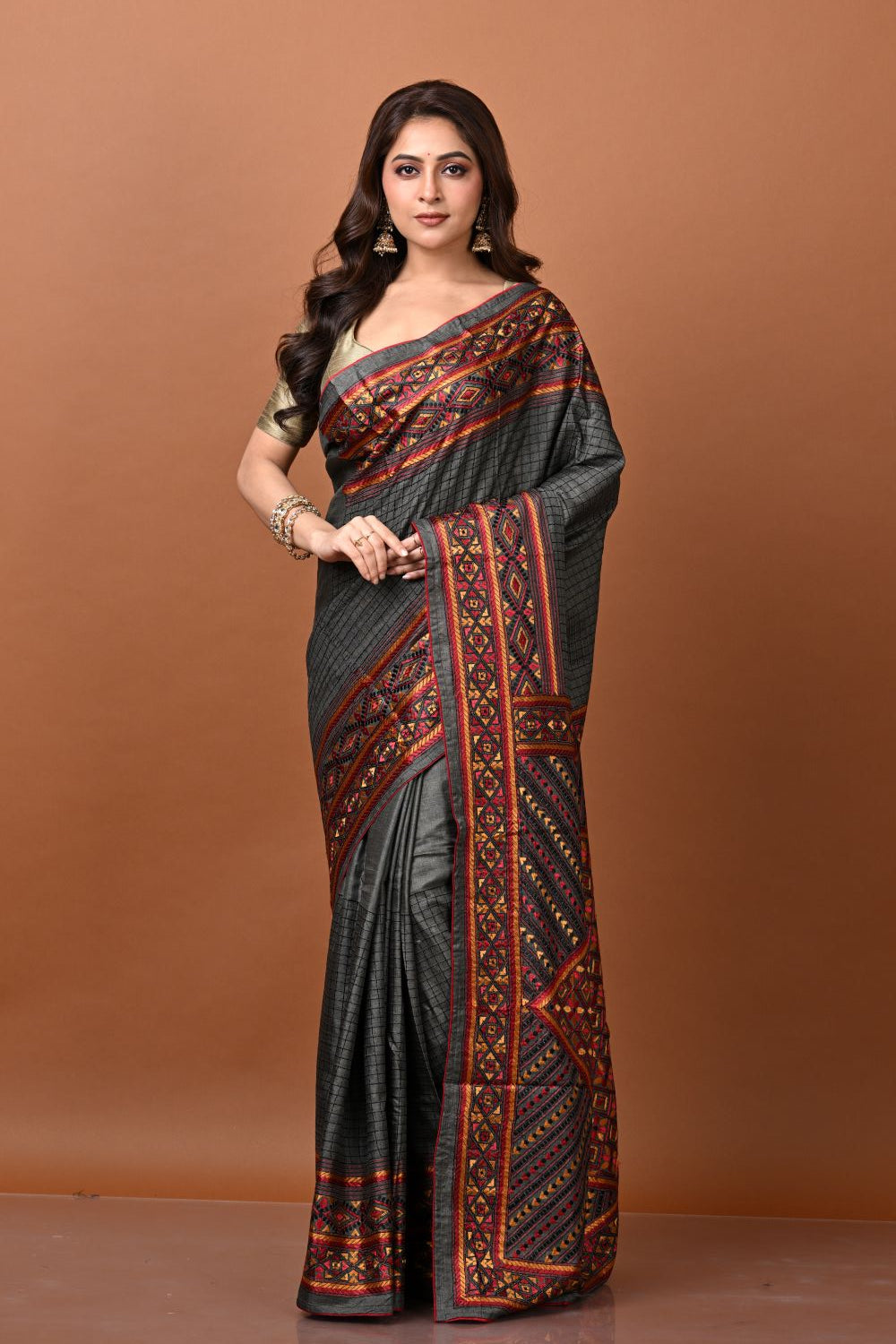 Dark Grey Tussar Silk Embroidery Saree
