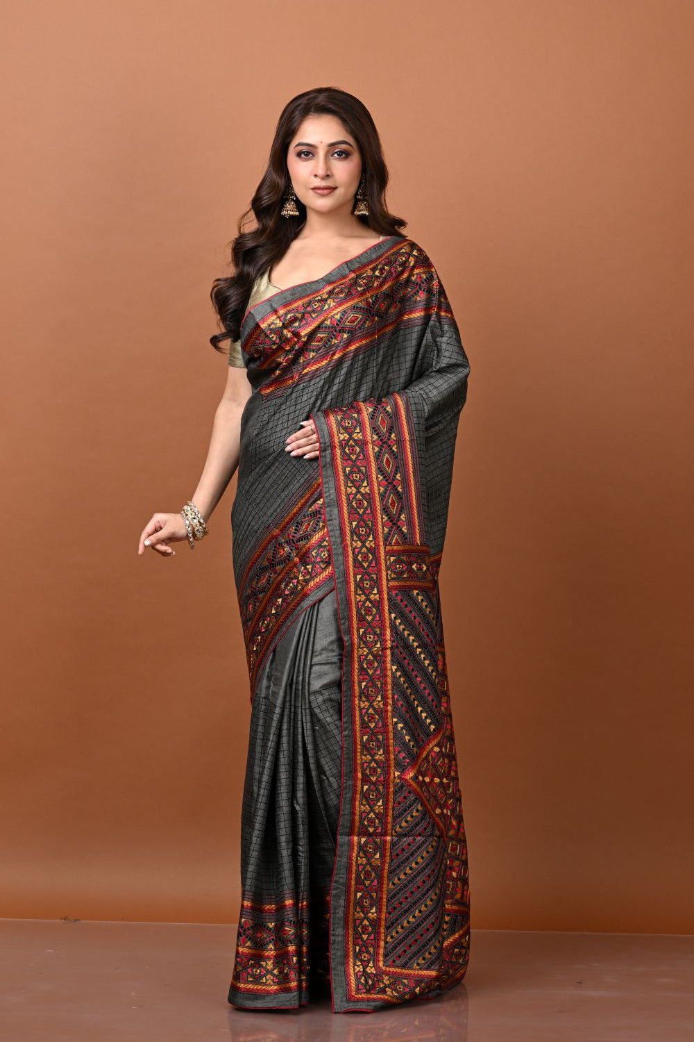 Dark Grey Tussar Silk Embroidery Saree