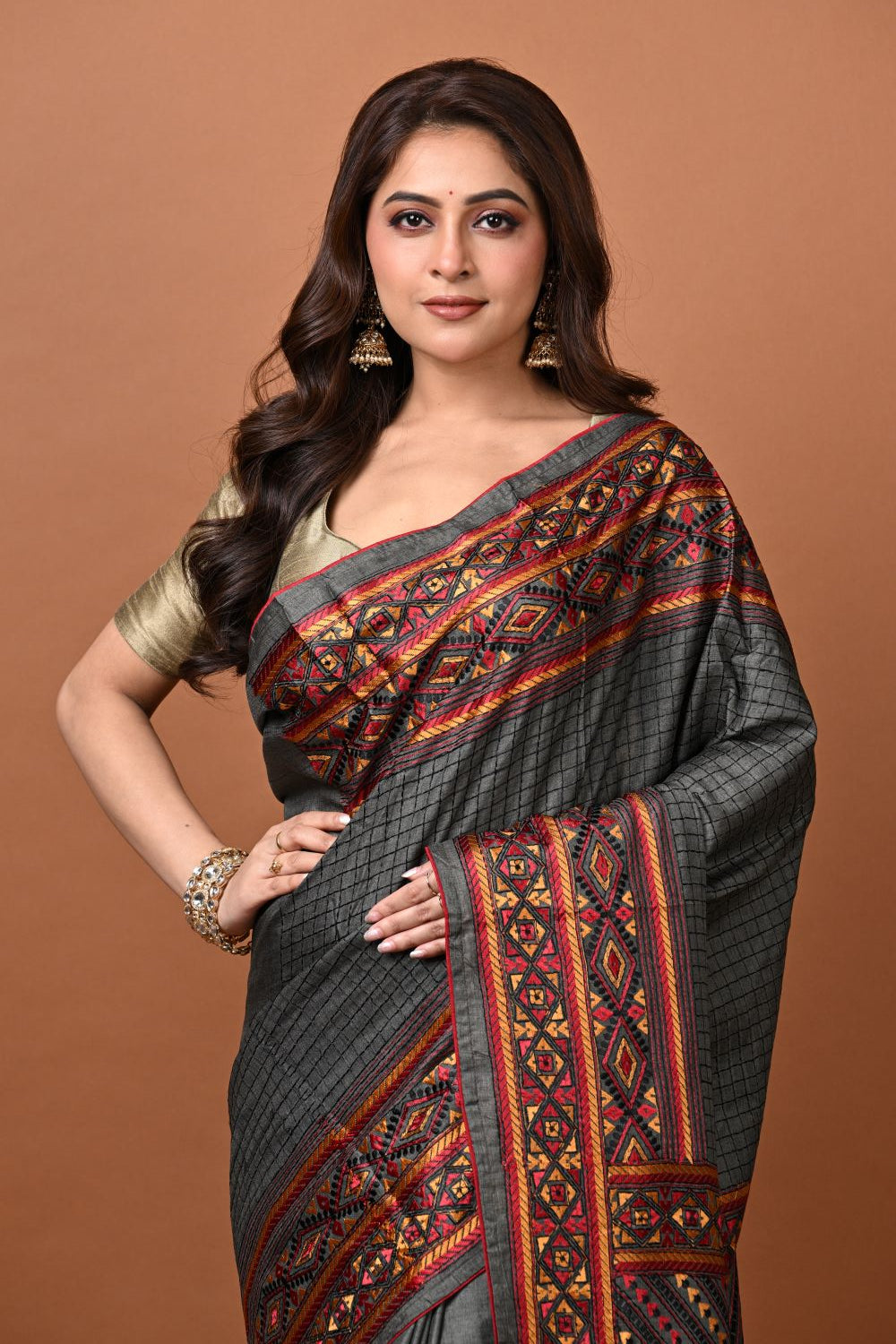 Dark Grey Tussar Silk Embroidery Saree