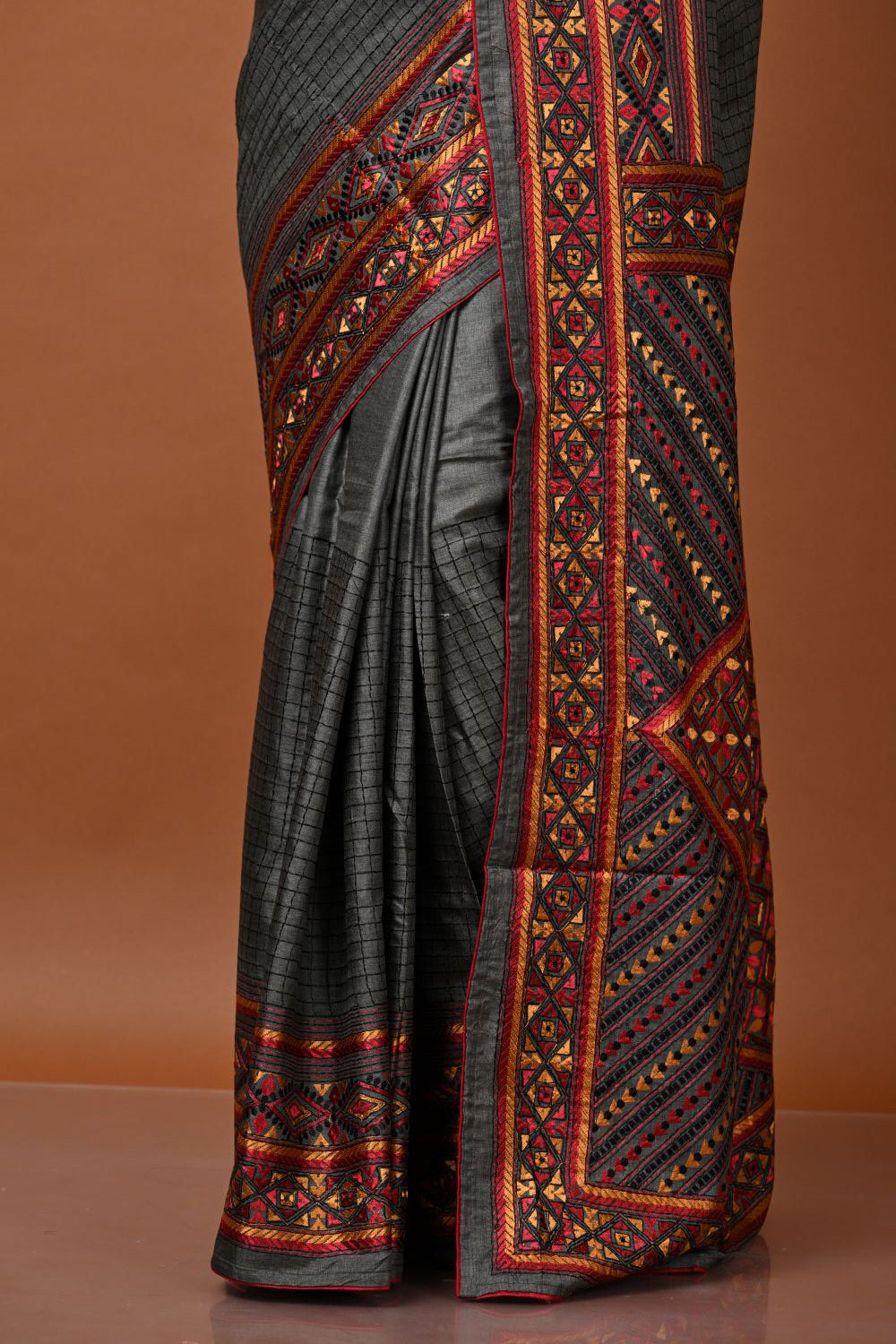 Dark Grey Tussar Silk Embroidery Saree