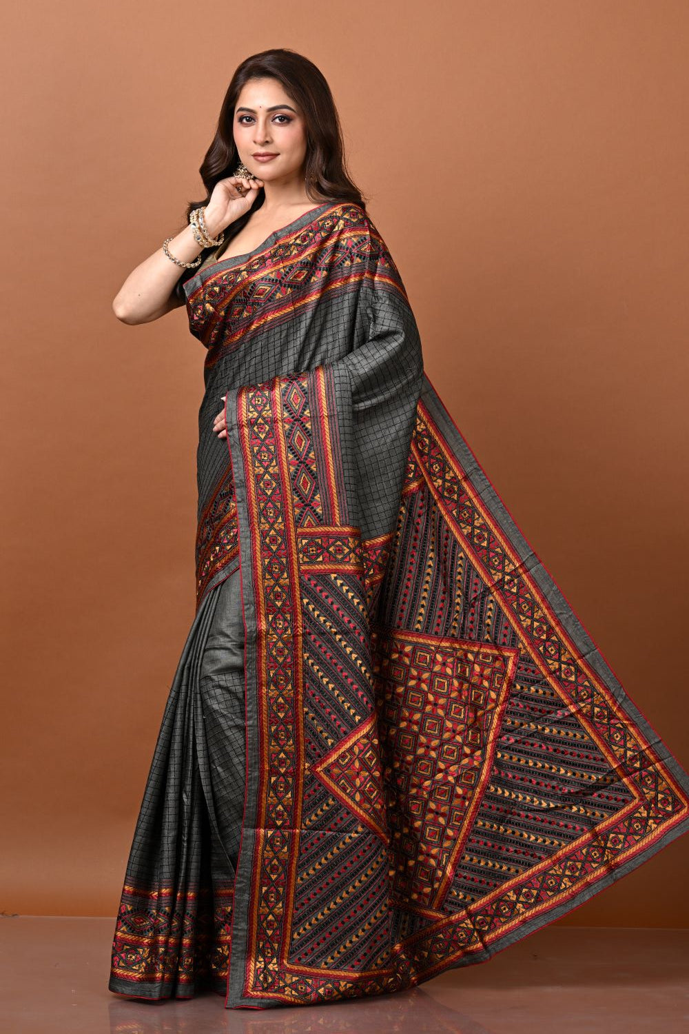 Dark Grey Tussar Silk Embroidery Saree