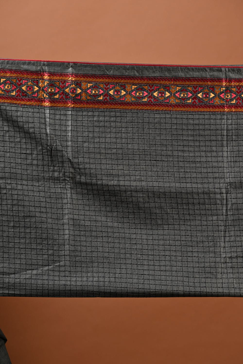 Dark Grey Tussar Silk Embroidery Saree