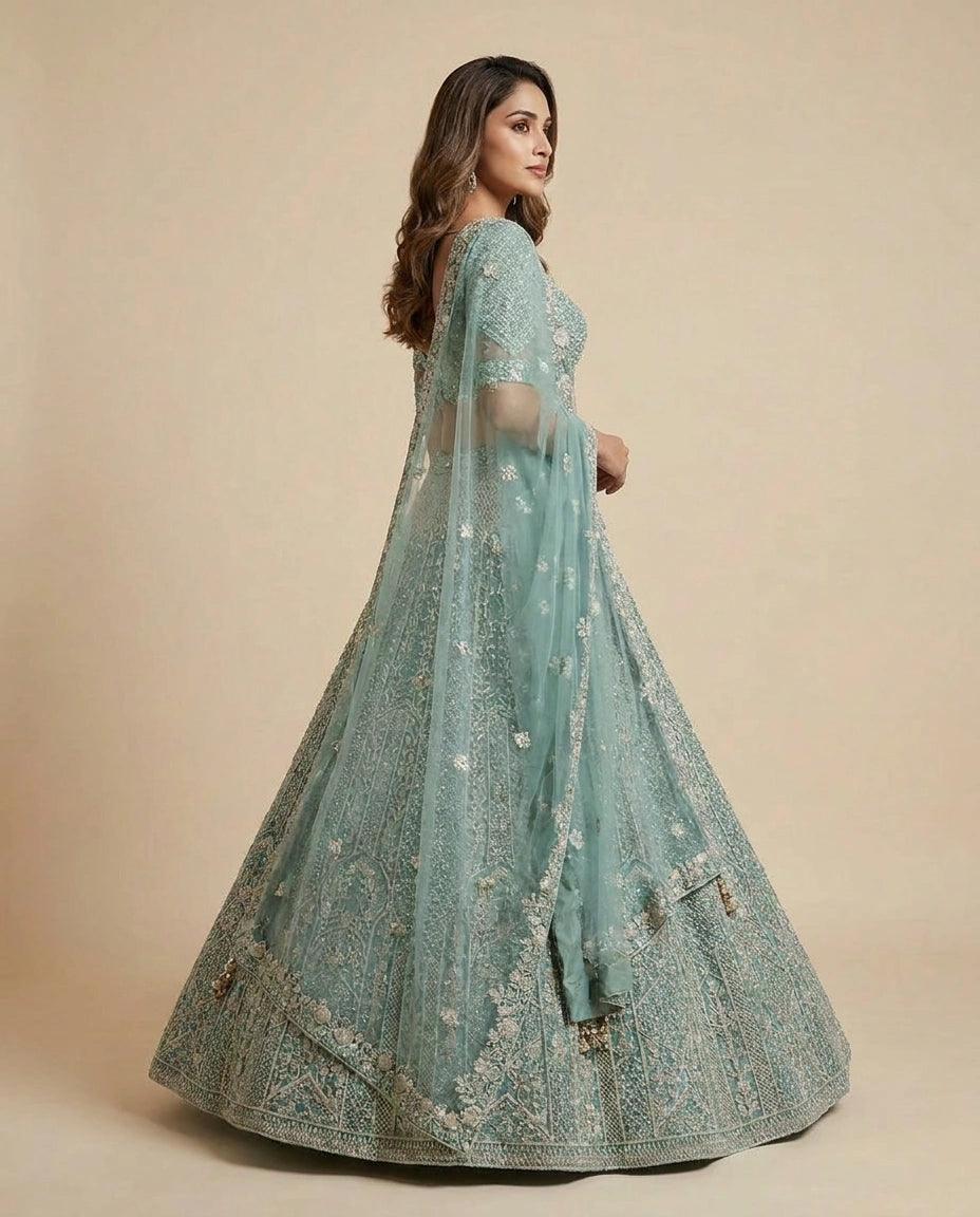 Firozi Blue Net Lehenga Set for Wedding Celebrations