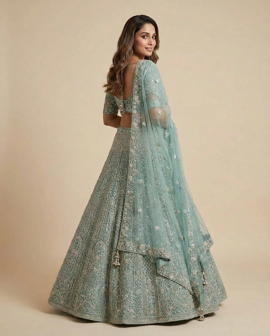 Firozi Blue Net Lehenga Set for Wedding Celebrations
