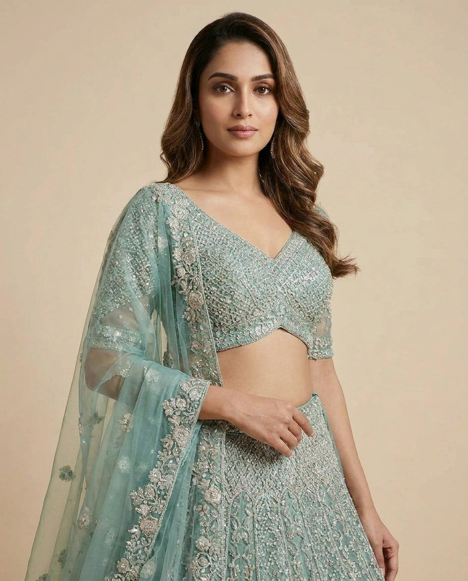 Firozi Blue Net Lehenga Set for Wedding Celebrations