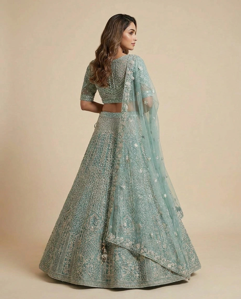 Firozi Blue Net Lehenga Set for Wedding Celebrations