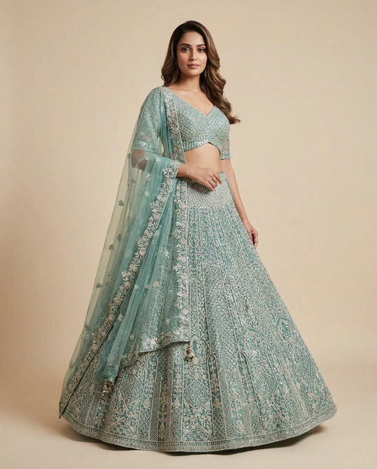 Firozi Blue Net Lehenga Set for Wedding Celebrations