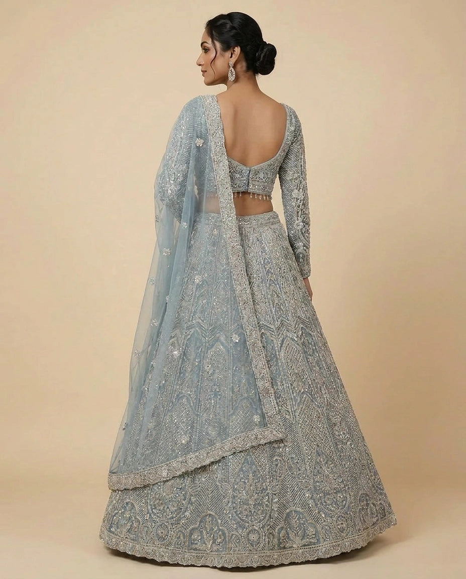 Sky Blue Yellow Net Lehenga Set for Festive Weddings