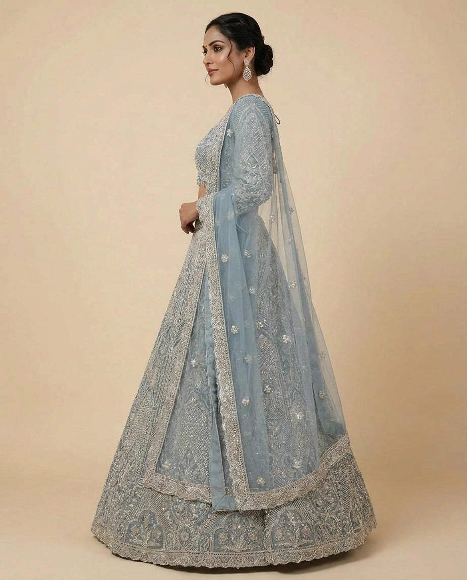 Sky Blue Yellow Net Lehenga Set for Festive Weddings