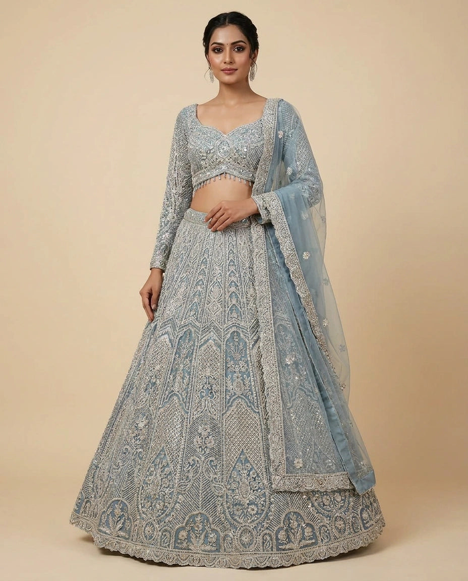 Sky Blue Yellow Net Lehenga Set for Festive Weddings