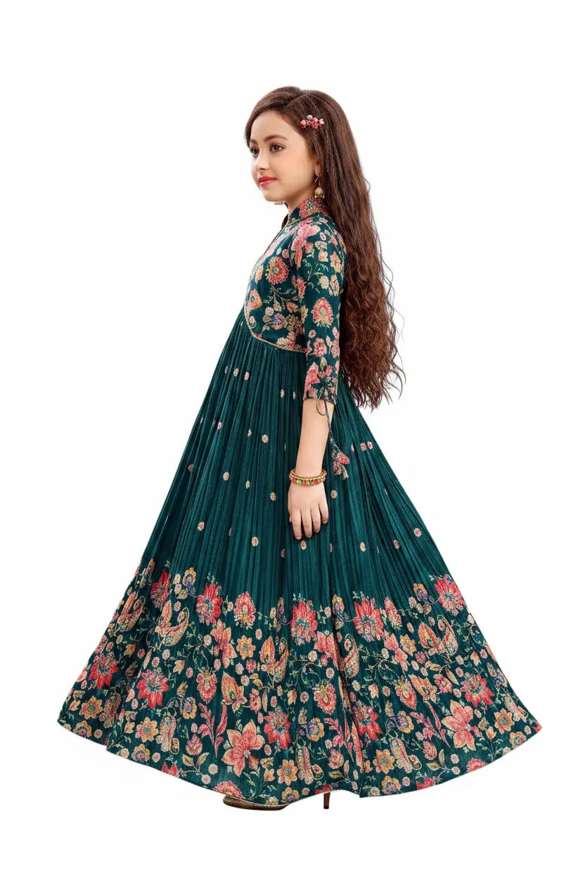 Woman wearing a floral dress on a white background