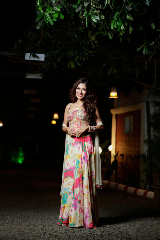 Green Floral Crepe Silk Choli Palazzo Set