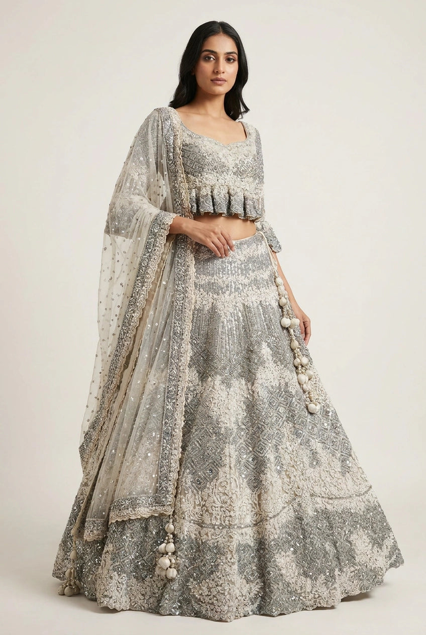 Off White Net Crop Top Lehenga with Zari Border for Sangeet Night