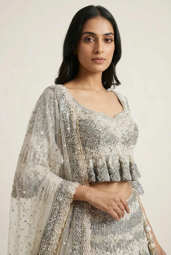 Off White Net Crop Top Lehenga with Zari Border for Sangeet Night