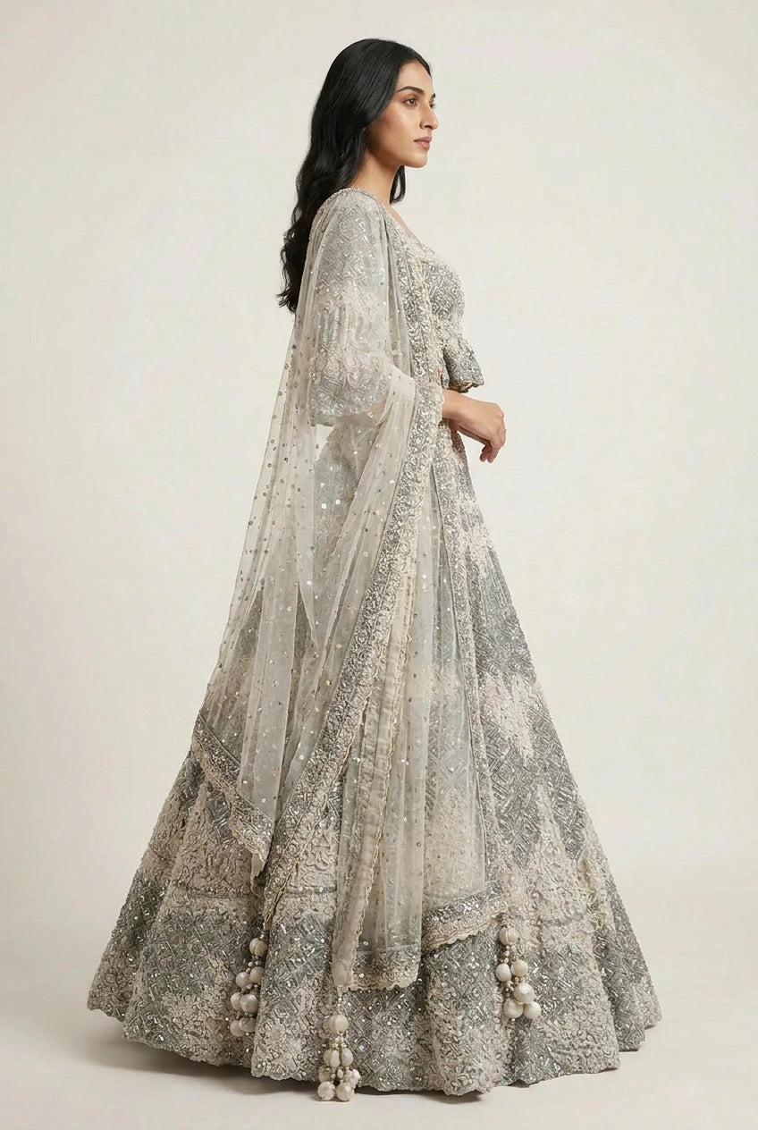 Off White Net Crop Top Lehenga with Zari Border for Sangeet Night