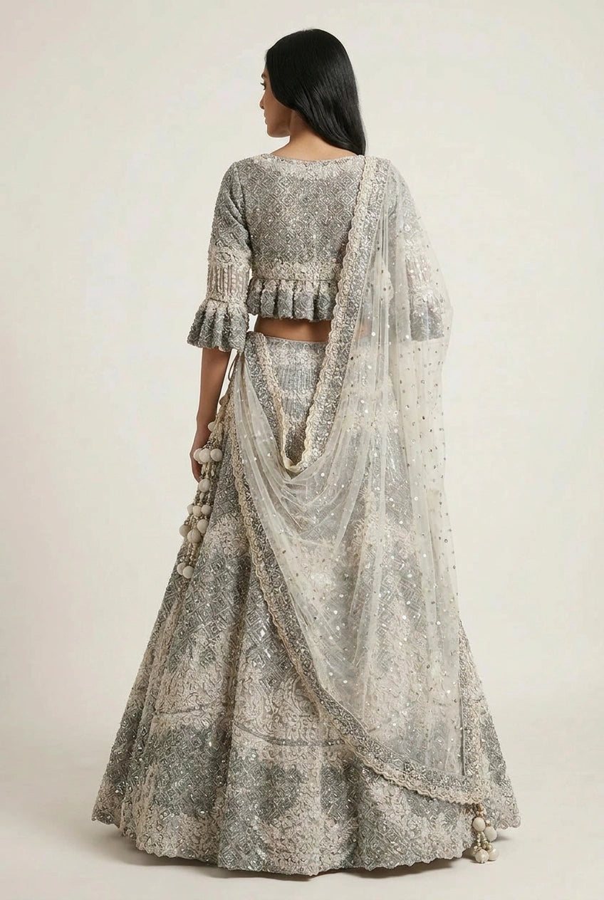Off White Net Crop Top Lehenga with Zari Border for Sangeet Night