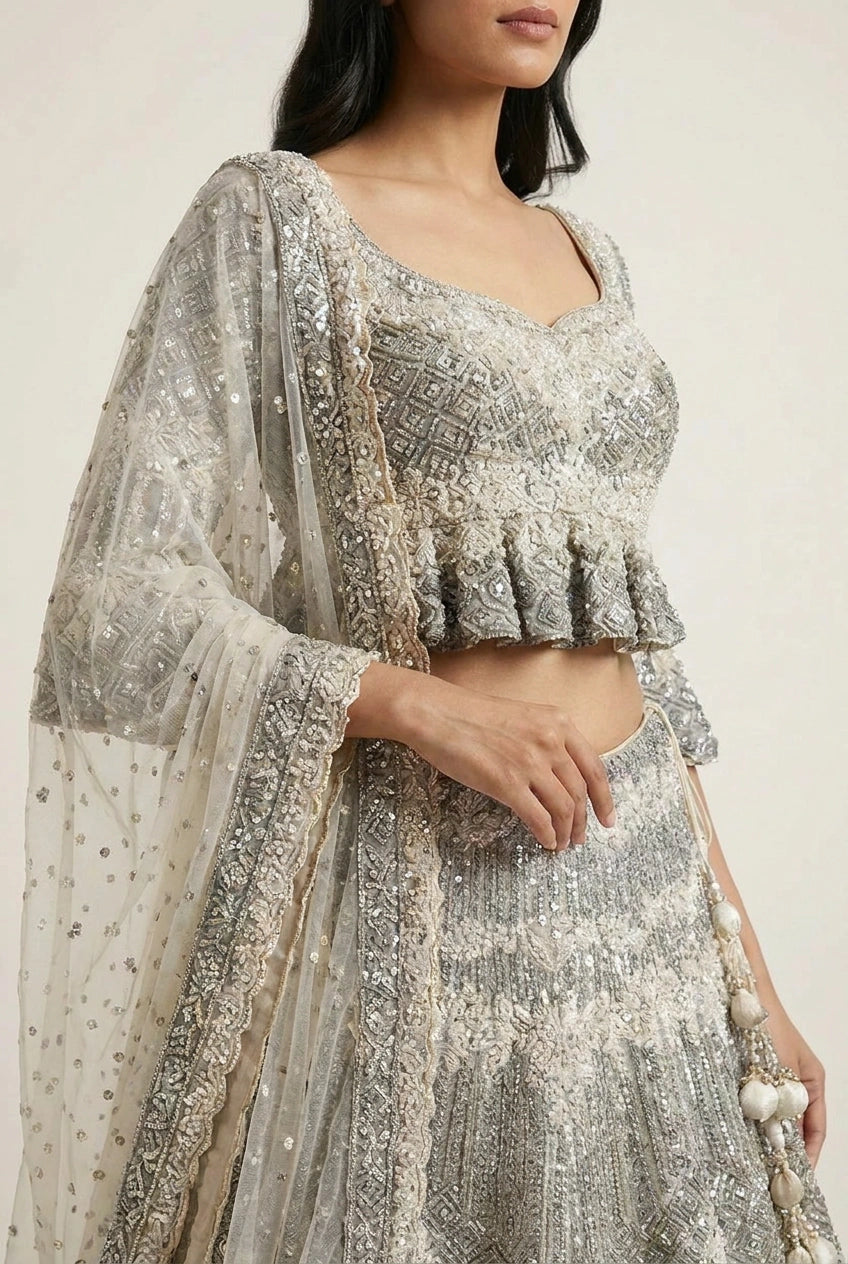 Off White Net Crop Top Lehenga with Zari Border for Sangeet Night