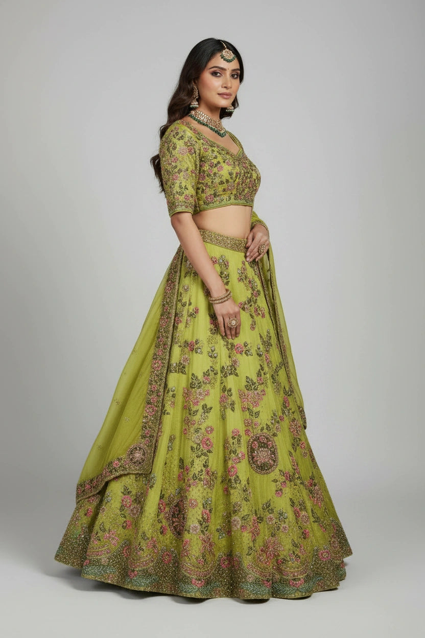 Grand Couture Organza Lehenga Crop Top Set - View 3 | Rangoli