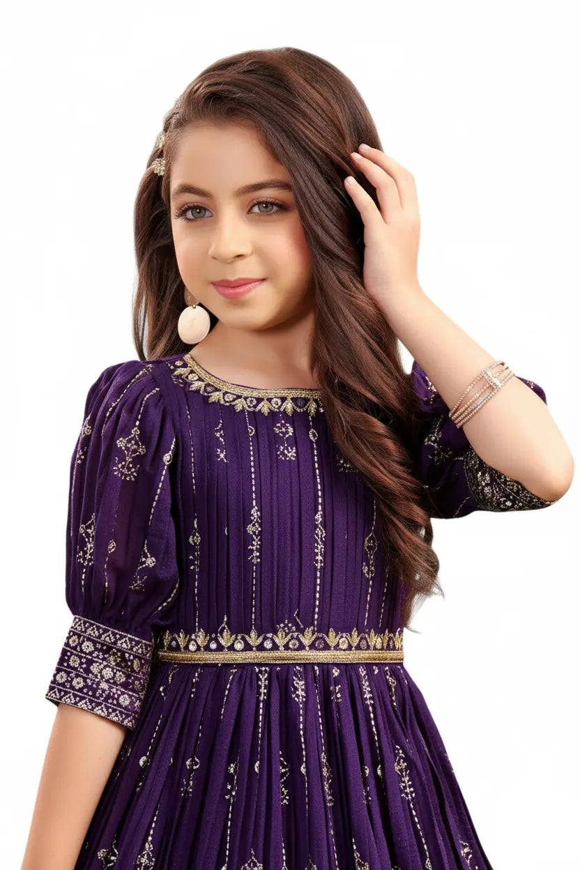 Young girl wearing a purple dress with gold details on a white background